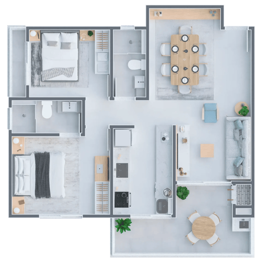 Apto 204 – 2 dormitórios (1 suíte) com 1 vaga no Condomínio Lisboa – Itapoá/SC